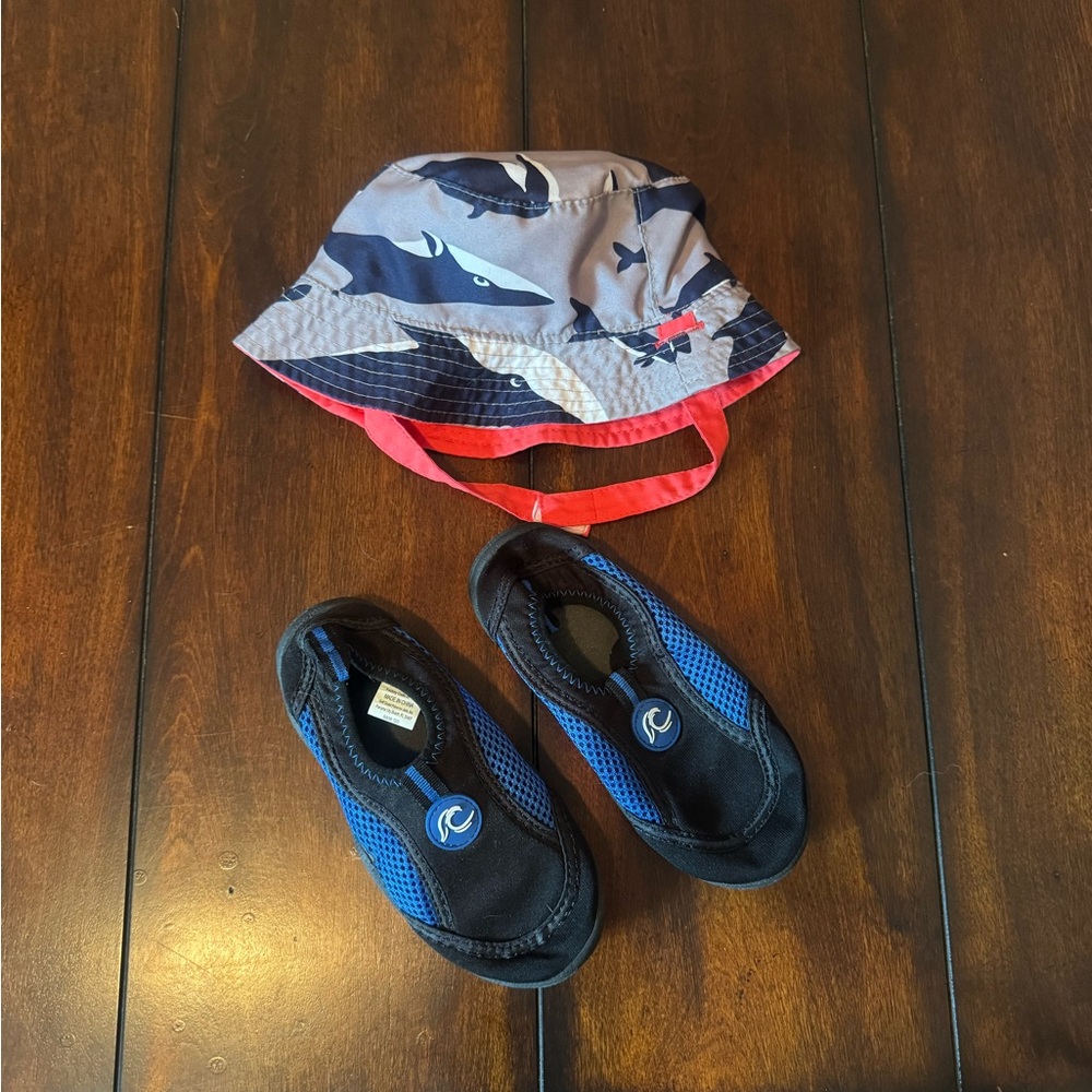 Kids Blue & Black Water Shoes (Small) + Reversible Sun Hat w/velcro strap